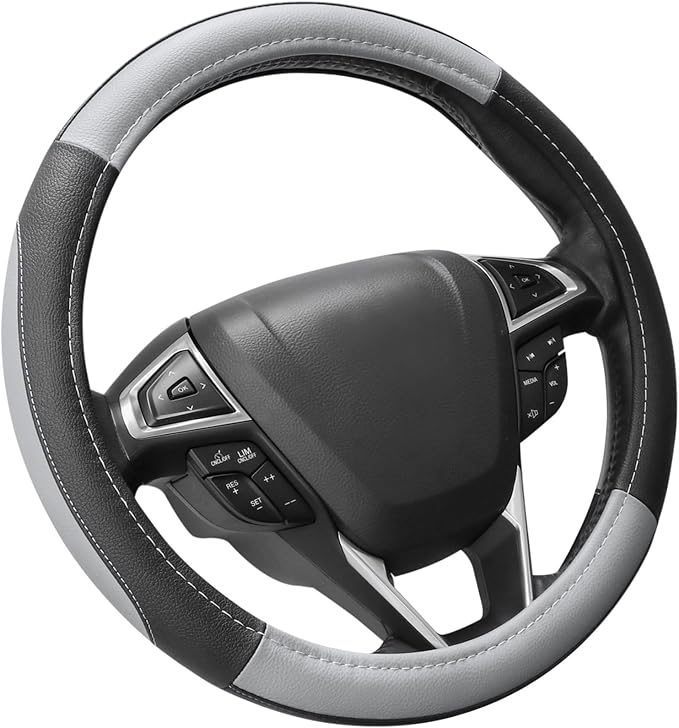 Car Steering Wheel Cover for F-150 Tundra Range Rover 15.5-16 inch, Black and Gray Microfiber Leather