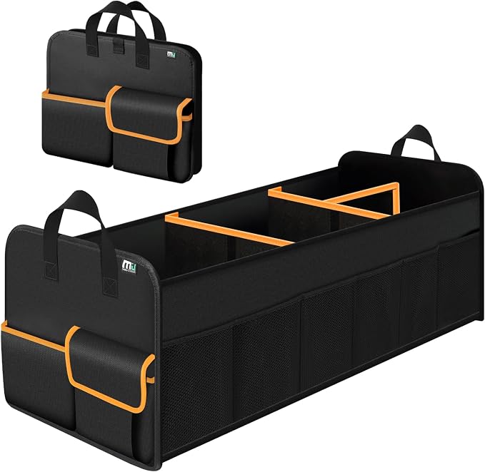 Trunk Organizer for SUV, Collapsible Trunk Organizer for Car, Non-Slip Bottom, Storage Organizer for Sedans, Van, Jeep, Grocery, Large 4 Compartments, Black Mixed Orange 32"×13"×12"