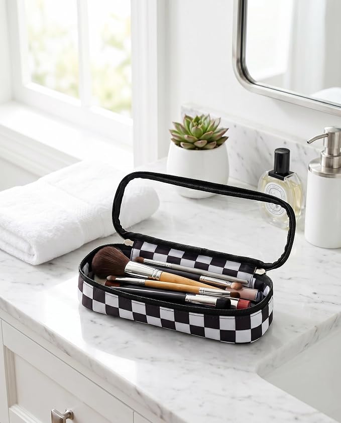 Preppy Checkered Clear Travel Makeup Brush Holder,Black and Beige Checkered Makeup Brush Toiletry Bag, Portable Cosmetic Brush Case,Transparent Waterproof Makeup Brush Storage Bag