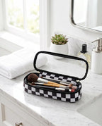 Preppy Checkered Clear Travel Makeup Brush Holder,Black and Beige Checkered Makeup Brush Toiletry Bag, Portable Cosmetic Brush Case,Transparent Waterproof Makeup Brush Storage Bag