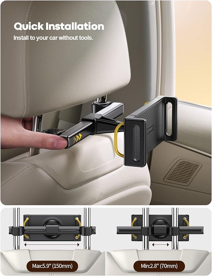 Car Tablet Headrest Holder - Car Back Seat Headrest Tablet Mount Stand for Kids, Road Trip Essentials Accessories Gifts, for 2025 iPad Pro 11/13" Air Mini, iPhone, Galaxy Tab, 4.7-13" Devices
