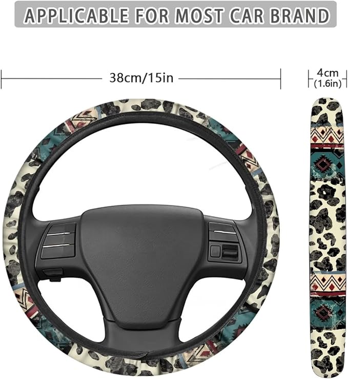 Aztec Cow Print Beige Auto Steering Wheel Cover Universal 15 Inch Diameter Anti-Slip Neoprene Car Steering Wheel Protector for Women Men