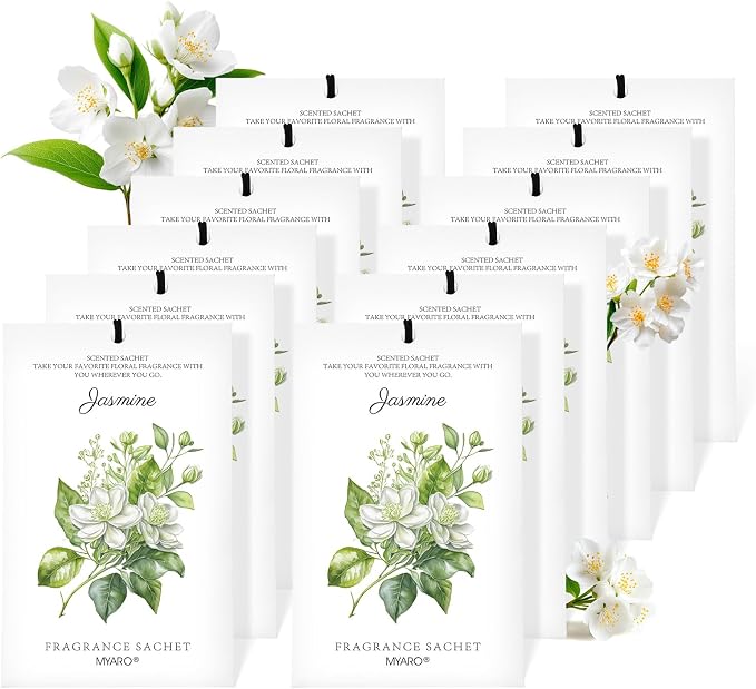 12 Pack Jasmine Scented Sachets for Drawer, Closet & Small Spaces Air Freshener Bags, Odor Eliminator for Car, Shoes, Bathroom Home Fragrance Gift Set