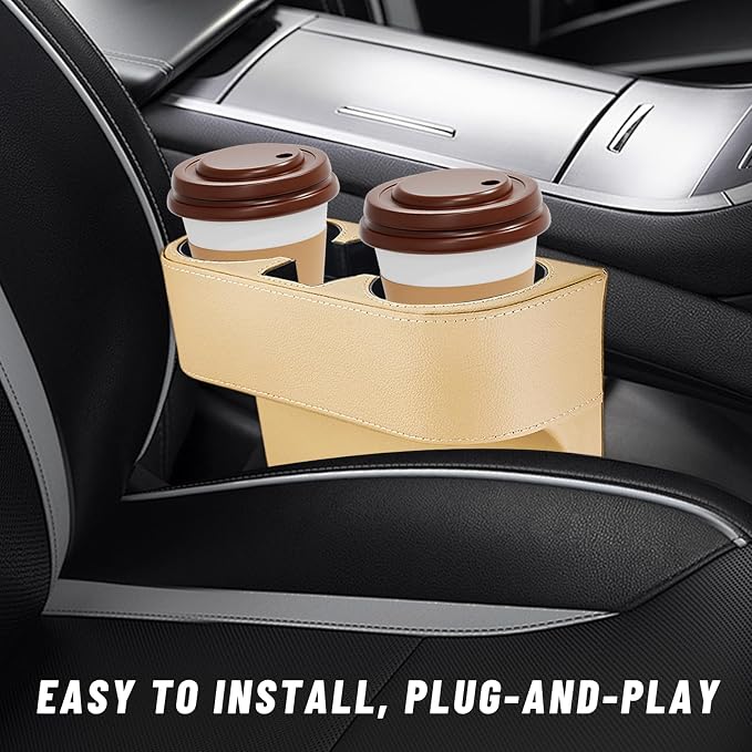 Car Seat Gap Filler Organizer, PU Leather Auto Front Seat Organizer Console Side Filler w/Cup Holder, Multifunctional Bottle Phone Holder Crevice Fillers for Most Car (Beige)