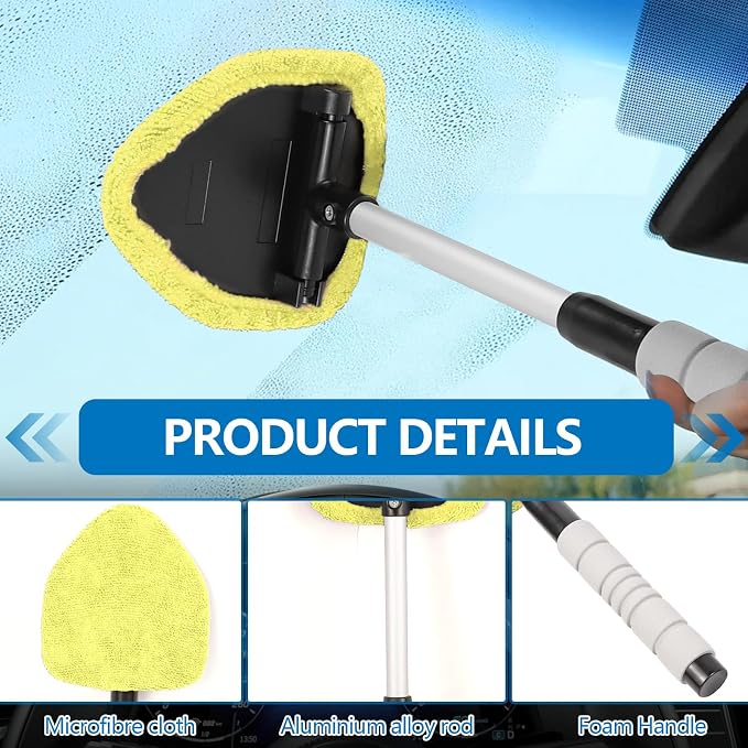 Car Windshield Cleaning Tool, Car Windshield Window Cleaner, Auto Window Glass Cleaning Kit with Extendable Handle & Reusable Microfiber Pad & Spray Bottle, Universal Car Accessories (Yellow)