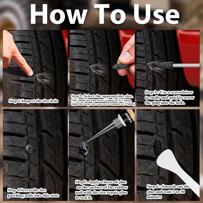 70 PCS Tire Repair Rubber Nails, 10mL Repair Glue, Vacuum Tires, Flat tire Repair Fast Plug Tool Kits, Self-Service Car Puncture Repair Screws with Screwdriver, Set for Car, Motorcycle, Jeep, Bike.
