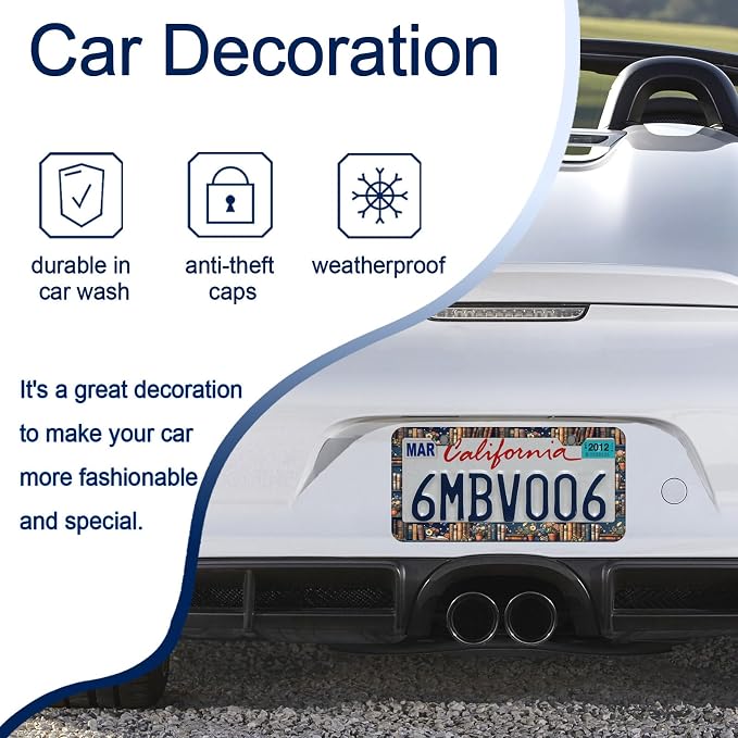 Personalized Bookshelf License Plate Frames，Book Car Accessories for Women and Men ，Cute License Plate，Aluminum License Plate Frame Fits Standard US Vehicles Size 12.2 x 6 Inch (Blue-Bookshelf)