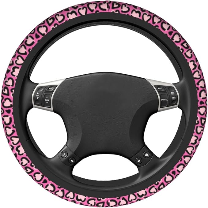 Pink Leopard Pattern Steering Wheel Cover 15 Inch Cheetah Steering Wheel Cover Anti-Slip Universal Pink Leopard 2 Pcs Car Interior Cup Holder Pad for Men Women