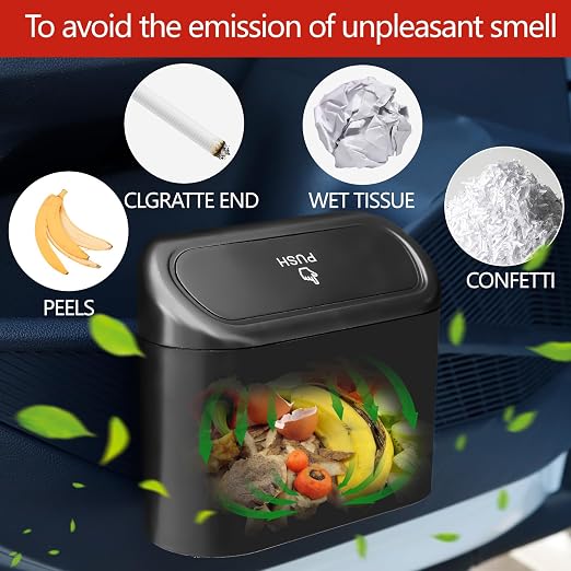 Car Trash Can with Lid, Mini Auto Garbage Can with 30 Trash Bags, Leakproof Automotive Garbage Container Bin, Multipurpose Organizers and Storage for Car, Home, Office (Black)