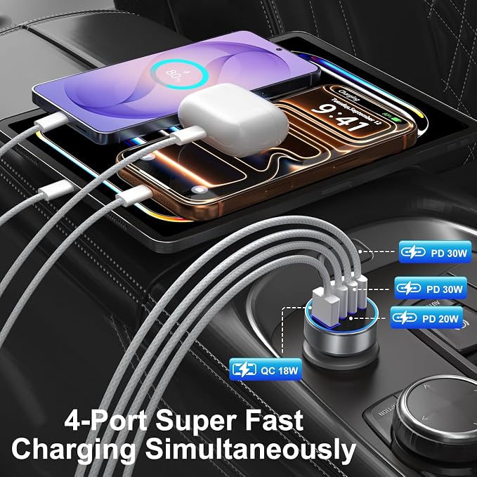 Car Charger USB C, 2Pack 98W 4-Port USB C Car Charger Fast Charging,4 in 1 Cigarette Lighter USB Charger for Multiple Devices,Dual 30W Type C Car Charger Adapter for iPhone 17/16/15 Pro Max,Galaxy