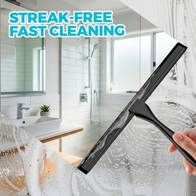 2pcs Shower Squeegee for Glass Doors with Adhesive Hanging Hook Set | 12” black, bathroom accessories, window cleaner, new home essentials, soft rubber blade, metal handle, ergonomic grip