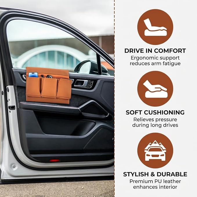 Car Window Armrest Storage Box, Soft Leather Vehicle Side Door Organizer Bag Elbow Rest Cushion with Multiple Pocket, Multifunctional Auto Window Armrest Storage Bag, Universal Fit (Brown)