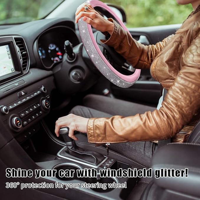 Steering Wheel Cover, Bling Crystal Rhinestones Auto Wheel Protector, Sparkly Cover Universal Fit Diverse 14.5-15 inch Steering Wheel, Interior Decor Car Accessories (White+Pink)