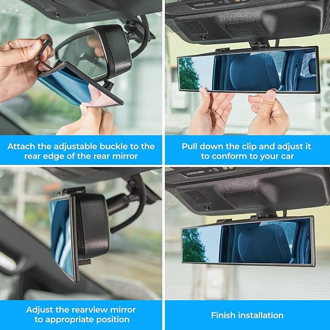 Rear View Mirror, Universal 12 Inch Panoramic Convex Rearview Interior Clip-on Wide Angle Mirror to Reduce Blind Spot Effectively for Car SUV Trucks - Blue