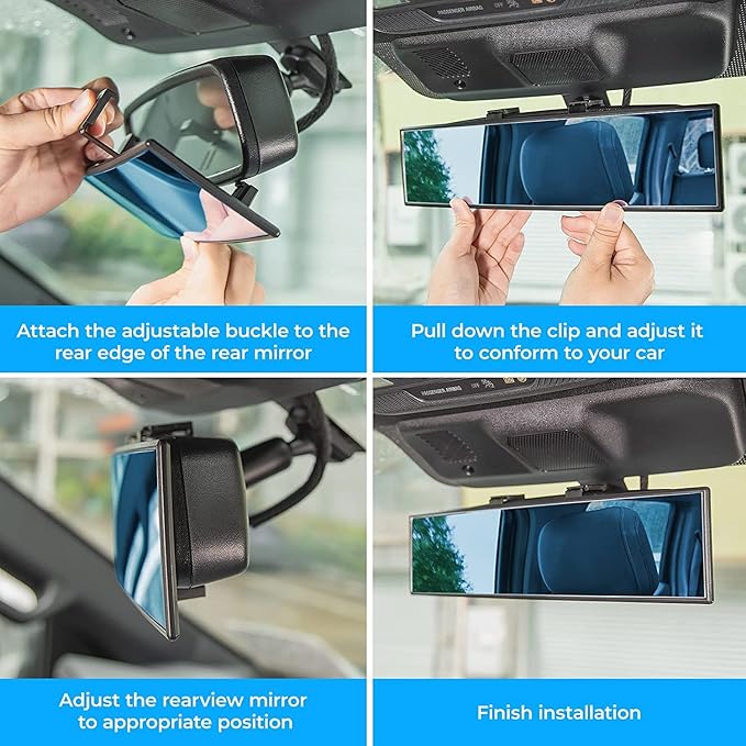 Rear View Mirror, Universal 12 Inch 2 Pack Panoramic Convex Rearview Mirror, Interior Clip-on Wide Angle Rear View to Reduce Blind Spot Effectively for Car SUV Trucks - Bl