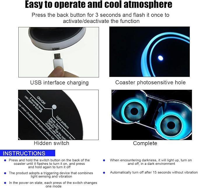 Mandark LED Car Cup Holder Lights, 2PCS Waterproof 7 Colors Changing Vehicle USB Charging Coaster Pad, Auto Interior Atmosphere Lamp Cup Mat Accessories, Universal for SUV Sedan Truck