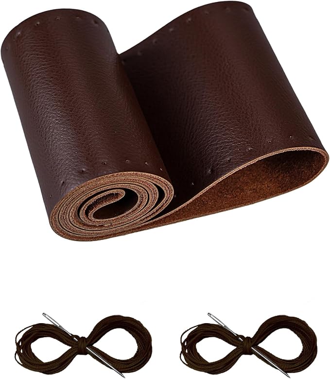 Leather Steering Wheel Cover Lace Up, Stitch on Steering Wheel Wrap, Universal Fit 13-20 Inch Car Truck Pickup Boat, A Whole Piece of Cowhide, DIY w/Needle Thread (Size M2, Coffee)