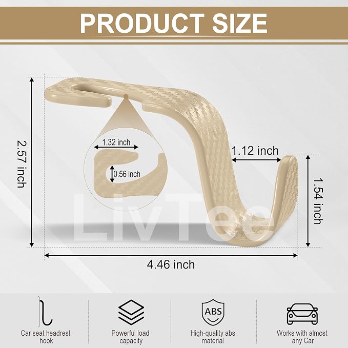 Car Purse Hook, Headrest Hook for Car, 4 Pack Universal Auto Car Seat Headrest Hook Hangers Organizer for Purse Coat Umbrellas Grocery Bags Handbag, Car Accessories - Carbon Fiber Beige