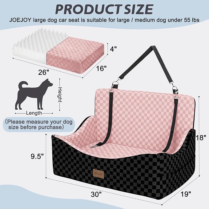 Dog Car Seat for Medium/Large Dogs - Reversible Dual-Sided Travel Dog Car Bed with Memory Foam, Washable Pet Booster Seat for Dogs up to 55 lbs or 2 Small Dogs, 2 Safety Leashes, Pink