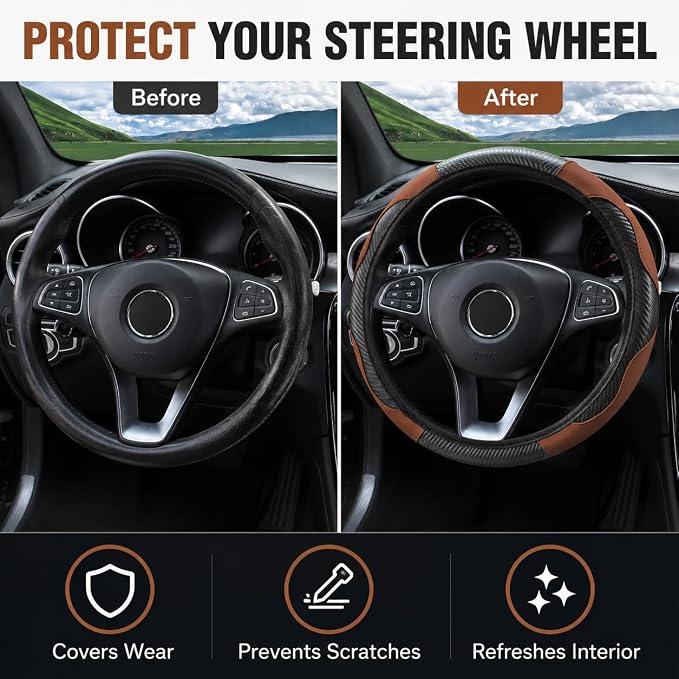 Car Steering Wheel Cover 15 inch, Microfiber PU Leather Elastic Steering Wheel Protector, Anti-Slip Breathable Car Interior Accessories for Most Cars (Coffee)