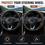 Car Steering Wheel Cover 15 inch, Microfiber PU Leather Elastic Steering Wheel Protector, Anti-Slip Breathable Car Interior Accessories for Most Cars (Coffee)