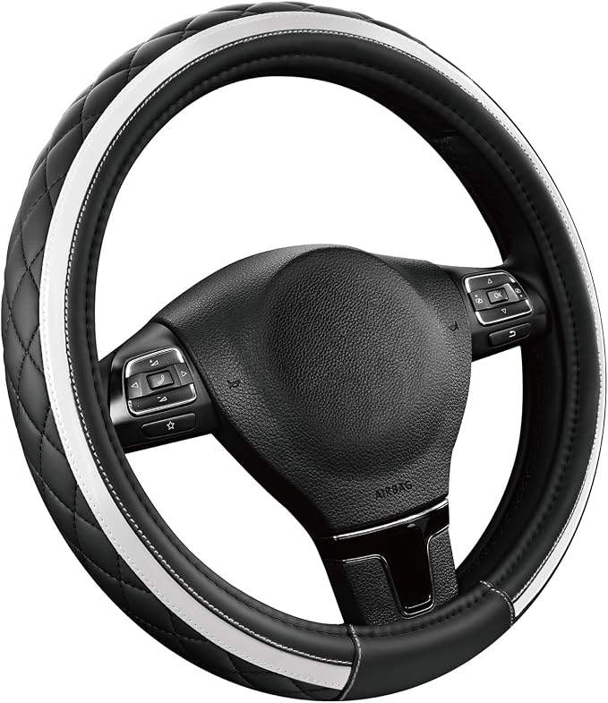 Leather Steering Wheel Cover – Black & Silver, Universal Fit 14.5-15 Inch, Microfiber Leather, Anti-Slip & Breathable Design for Men and Women