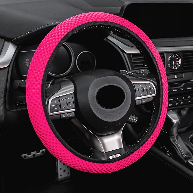Elastic Stretch Steering Wheel Cover, Universal Interior Accessories Steering Wheel Cover for Women & Men, Breathable Microfiber Ice Silk, Anti-Slip, Odorless, Easy Carry(Rose Red)