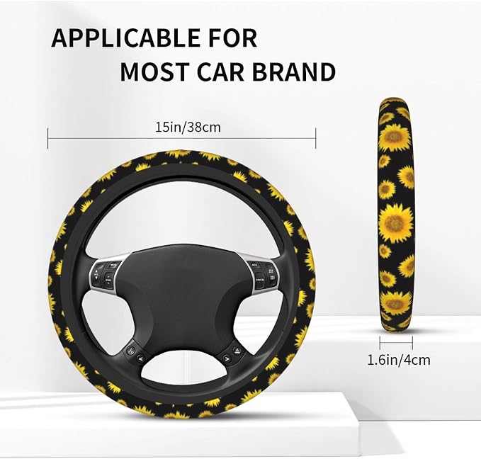 Sunflower Car Steering Wheel Cover - Sunflower Steering Wheel Cover Anti-Slip Breathable 15 Inch Universal 2 Pcs Car Interior Cup Holder Pad for Men Women