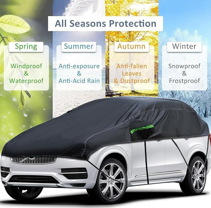 Universal SUV MPVHalf Car Cover Waterproof All Weather, Hail Protector Car Body Covers Outdoor Indoor for All Season Windproof Dustproof UV Resistant Snowproof Protect Your Windshield and Roof
