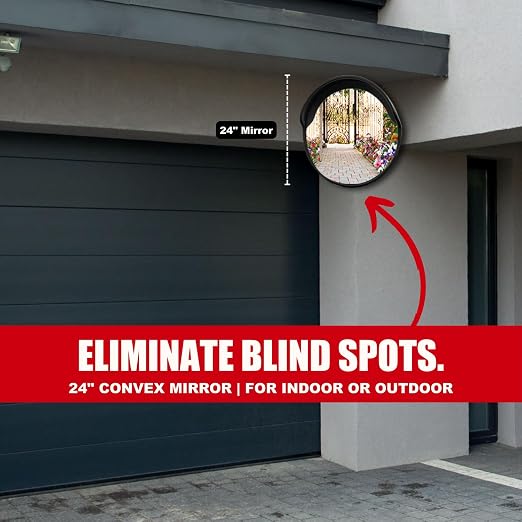 Large 24 Inch Convex Mirror for Blind Spots - Shatterproof Polycarbonate, 180° Wide View for Driveways, Intersections, Warehouses, Roads, and Large Areas - Indoor & Outdoor Security Mirror
