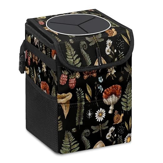 Car Trash Can with Lid Vintage Botanical Mushrooms Collapsible Reusable Leak-Proof Auto Garage Bag,Hanging Vehicle Car Accessories Interior Car Organizer