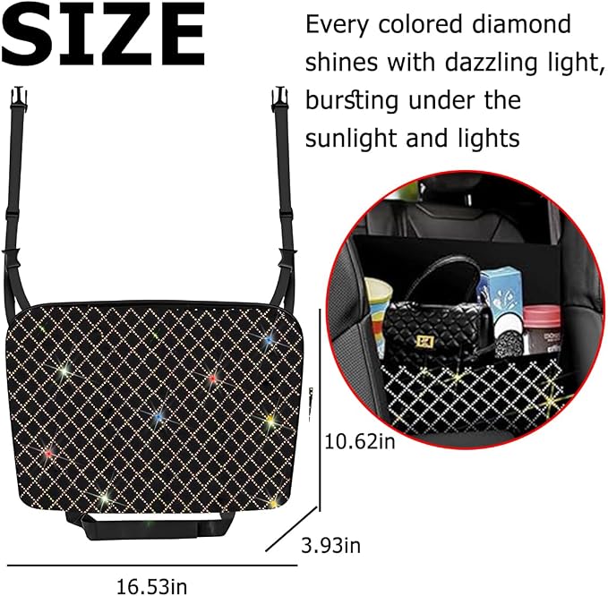 Bling Car Net Pocket Handbag Holder, Rhinestone Vehicle Backseat Purse Organizer Between Seats, Diamond Hanging Storage Bag Barrier of Pet Kids, Universal Automotive Accessories (Multicolor)