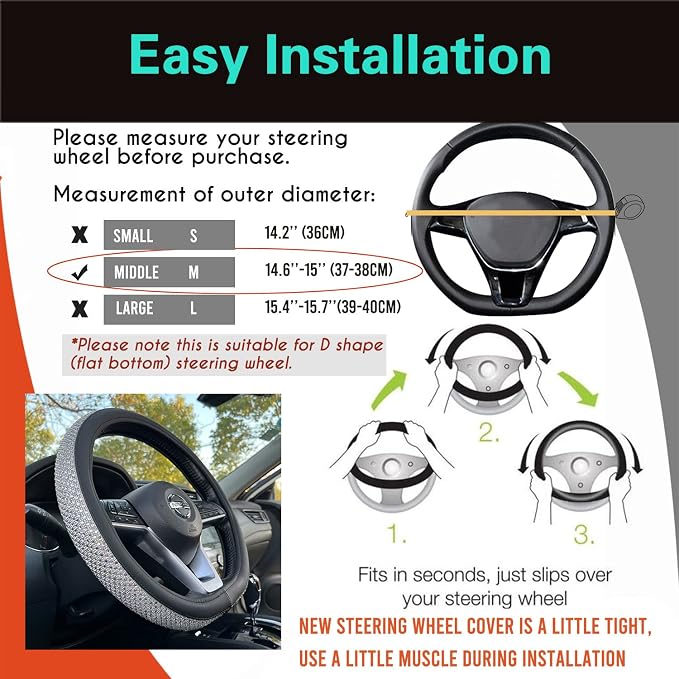 D Shaped Bling Comfy Steering Wheel Cover with Jumbo Crystal Rhinestones, Anti-Slip Diamond Leather, Flat Bottom 14.5-15 Inch (Silver)
