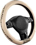 Steering Wheel Cover - Flat Bottom Wheel Cover Made with PVC Leather and Leopard Fabric - Universal Fit for 15-Inch D-Shaped Automotive Steering Wheels (Milky White)