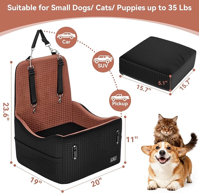 Dog Car Seat for Small/Medium Dogs Up to 35 lbs – Patented Safety System, 5" Memory Foam Pet Booster Car Seat, Fully Detachable and Washable Dog Carseat with 2 Storage Pockets (Black/Brown)