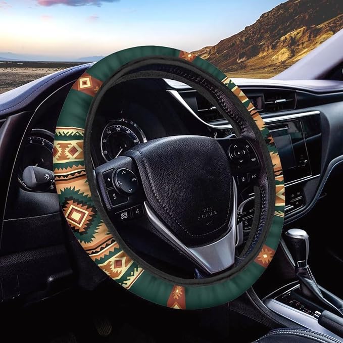 Car Steering Wheel Cover for Women Men, 15 Inch Soft Neoprene Stretch Anti-Slip Washable Car Accessories Universal Fit for Sedans SUV, Southwest Aztec Brown Green