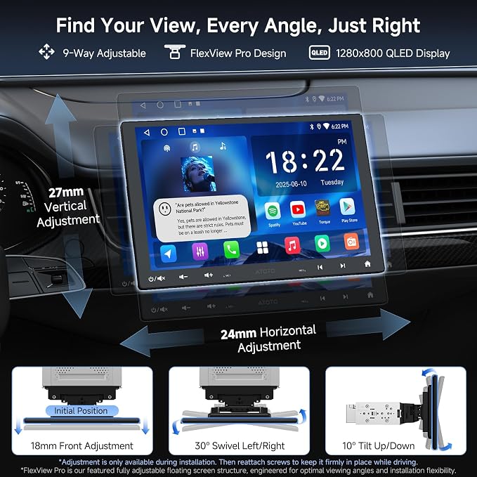 A5L 10 inch Android Double DIN & Single DIN Car Stereo, Floating QLED Touchscreen, Wireless Carplay & Android Auto, WiFi/USB/Bluetooth Tethering, Backup Cam, HDMI Out, DSP, ChatGPT AI