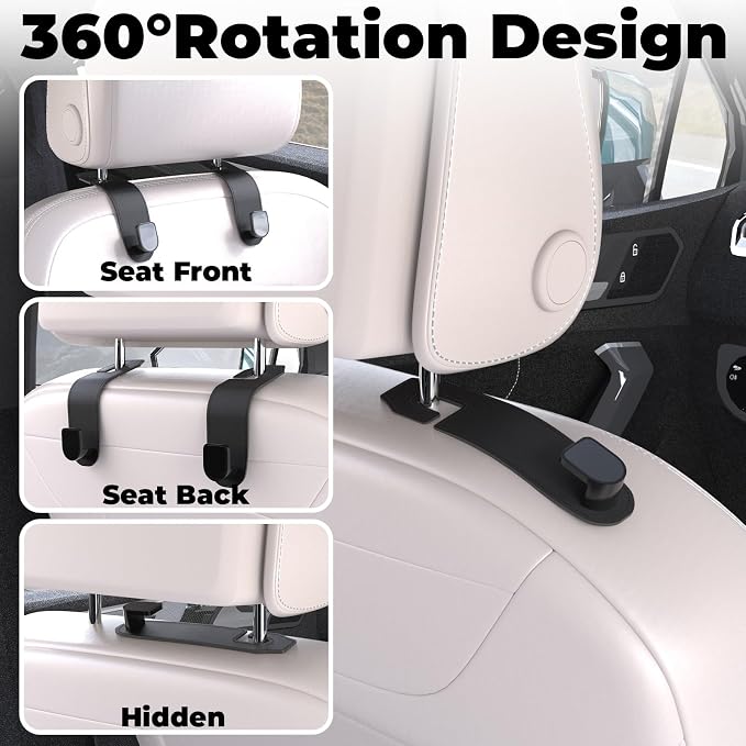 2 Pcs Seat Headrest Hook for Car, Seat Back Hanger Holder Hooks, Hanger Storage Organizer for Purse Bags Coat, Car Interior Accessories Leather Hidden Hook