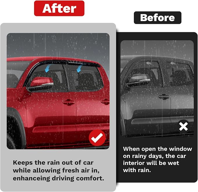 Tacoma Rain Guards - Window Visors for Toyota Tacoma Double Cab 2016-2023,Outside-Mount Tape-On Side Window Wind Deflectors for Tacoma Accessories,Vent Visors Shades Rainproof Black 4PCS