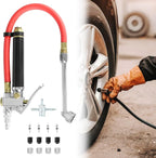 10-120 PSI Tire Inflator Gauge - Dual Head Chuck, 12-Inch Hose, Leak-Free Valve Core, Chrome-Plated Cast Steel, with 4 Way Tool and Valve Cores Tire Pressure Gauge