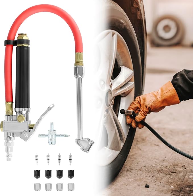 10-120 PSI Tire Inflator Gauge - Dual Head Chuck, 12-Inch Hose, Leak-Free Valve Core, Chrome-Plated Cast Steel, with 4 Way Tool and Valve Cores Tire Pressure Gauge