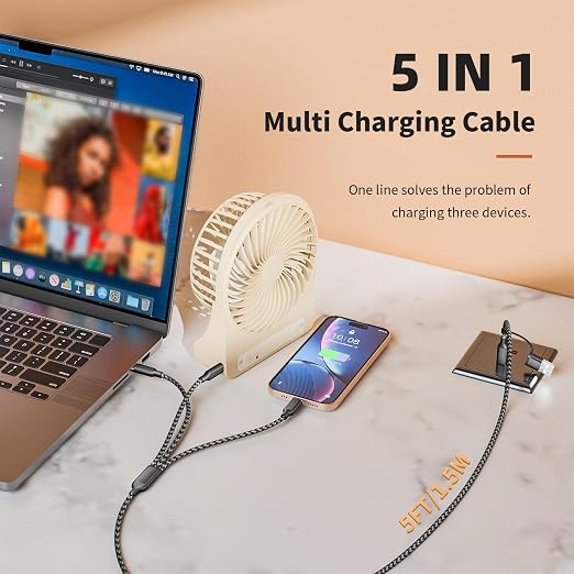 Multi Charging Cable 5 in 1, 2Pack 5FT USB C/A Multi Charger Cable to Type-C/Micro USB Port, Nylon Braided USB C Multiple Charger Cord for All Devices, Universal Phone Charger Cord for Cell Phones