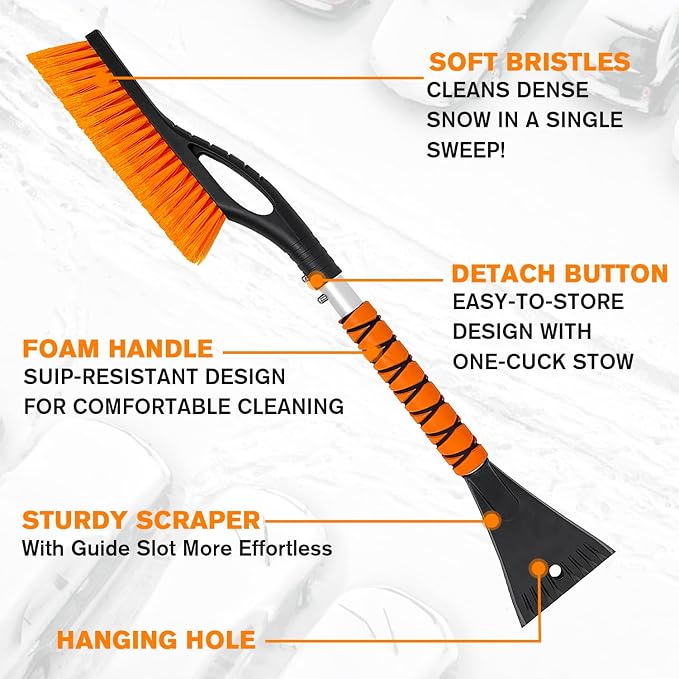 Snow Brush and Ice Scraper for Car Windshield - 27 Inch Detachable Snow Removal Tool with Ergonomic Foam Grip for Cars SUVs and Trucks Winter Car Accessories
