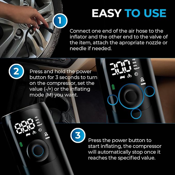 Portable Tire Inflator & Air Compressor – Car Accessories with Flashlight & Power Bank, Air Pump for Car Tires, Bike Pump & Ball Pump, 150 PSI Fast Inflation, Digital Display & Auto Shutoff