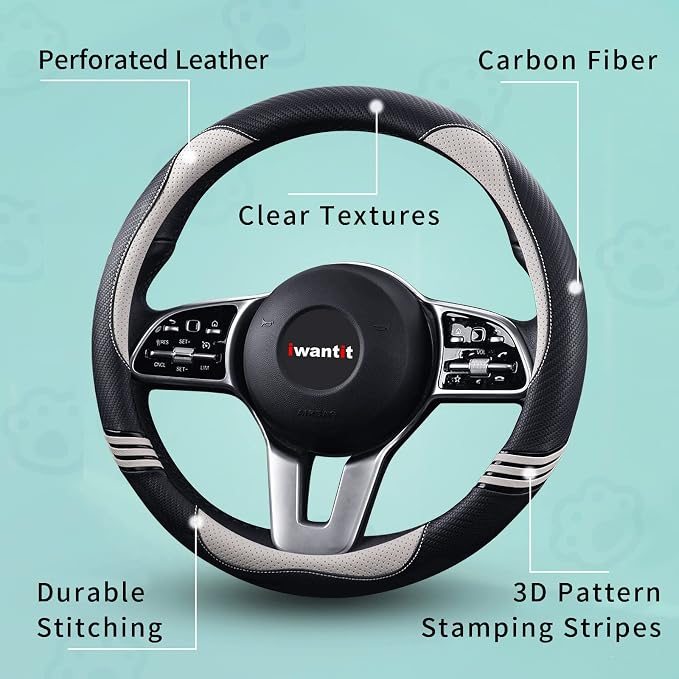 Cute Steering Wheel Cover for Women, Pu Leather with Anti-Slip Rubber Ring, Steering Wheel Protector for Men, Universal Fit 14.5-15 inches for Cars,SUV (Pearl White)