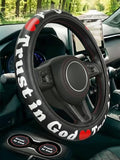 Christian Trust in God Steering Wheel Cover with 2 Coasters, Red & Black PU Leather Anti-Slip Car Wheel Protector, Christian Gifts for Men Women, Universal 15" Fit Cars SUVs Trucks
