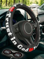 Christian Trust in God Steering Wheel Cover with 2 Coasters, Red & Black PU Leather Anti-Slip Car Wheel Protector, Christian Gifts for Men Women, Universal 15" Fit Cars SUVs Trucks