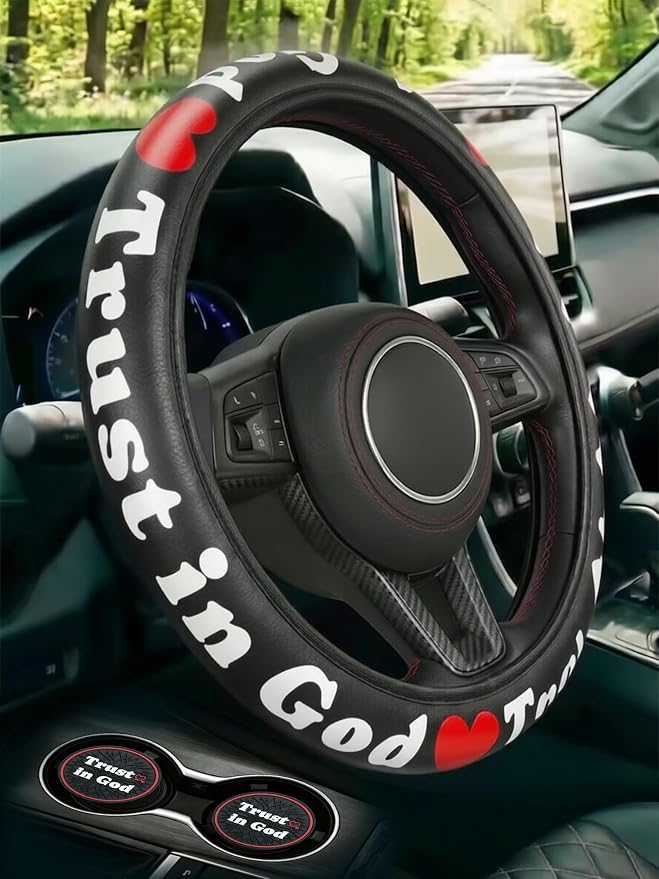 Christian Trust in God Steering Wheel Cover with 2 Coasters, Red & Black PU Leather Anti-Slip Car Wheel Protector, Christian Gifts for Men Women, Universal 15" Fit Cars SUVs Trucks