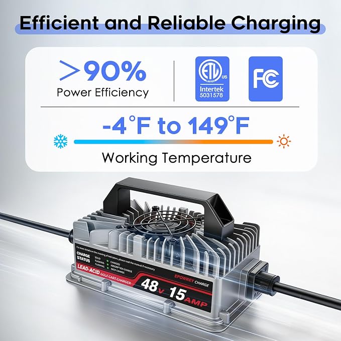 48V 15 AMP Golf Cart Charger for Club Car Precedent & DS Series with 3-Pin Round Plug- Lead Acid Battery