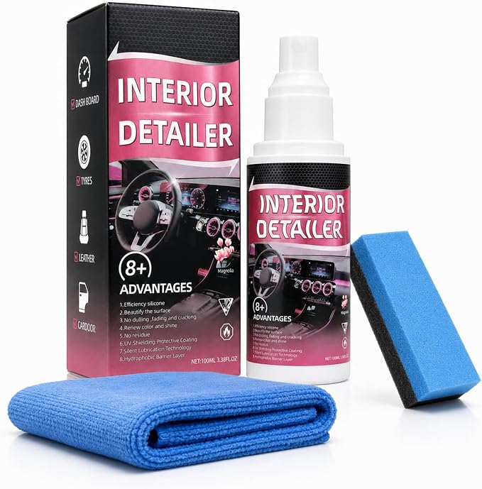 Car Interior Cleaner Spray Kit, Dashboard & Trim Detailer for Plastic, Vinyl, Rubber, Door Panels, Consoles & Finished Leather, Non-Greasy Auto Interior Cleaner with Towel & Sponge